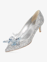 Silver Floral Rhinestone Slip-On Pointy Kitten Pumps For Women